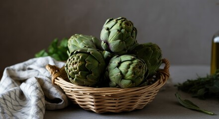 Fototapeta premium Fresh artichokes in wicker basket, with rustic kitchen textiles