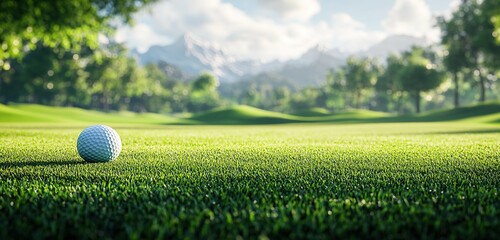A golf ball rests on a tee, surrounded by a beautiful golf course landscape