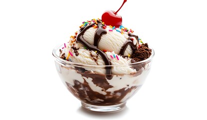 Glass Bowl with Delicious Ice Cream Sundae Topped with Cherry