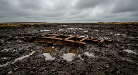 Rusty Metal Track Section in Mud and Terrain - Abandoned rusted metal track section lies in muddy terrain, symbolizing decay, neglect, passage of time, forgotten history, and resilience