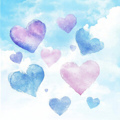 Fototapeta premium Colorful watercolor hearts floating on a serene sky background, creating a dreamy and whimsical atmosphere.