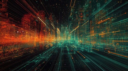 Vibrant futuristic cityscape with glowing neon lights and dynamic data streams designed to immerse viewers in a digital environment