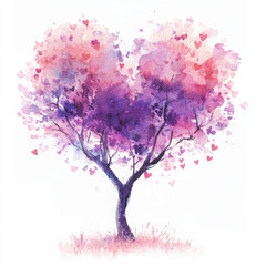 Fototapeta premium Watercolor painting of a tree with heart-shaped leaves in shades of pink and purple, evoking a sense of love and tranquility.