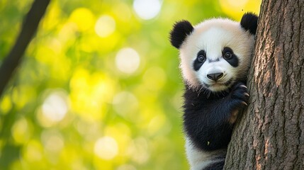 Fototapeta premium Adorable baby panda clinging to a tree trunk in a lush green forest, soft lighting, bokeh background.
