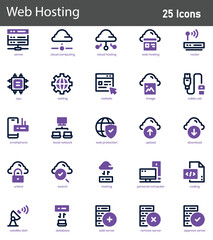 Web Hosting Line Icons Set. Collection of 30 outline icons representing server management, cloud hosting, and website services.  vector illustration