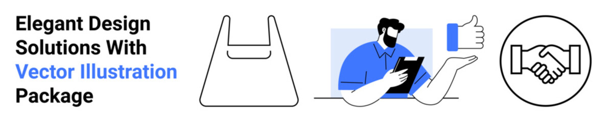 Tote bag outline, man with tablet, thumbs-up gesture, handshake icon. Ideal for business, collaboration, agreements, feedback, online shopping eco-friendly themes flat landing page banner