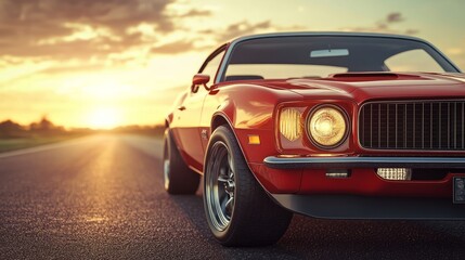 Naklejka premium Classic 1970s muscle car in red parked on an open highway sun setting in the background dramatic shadows and glowing headlights vintage styling high detail 