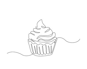 Sweet cupcake simple outline illustration. Continuous line drawing of muffin cake.