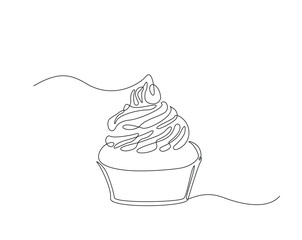 Sweet cupcake simple outline illustration. Continuous line drawing of muffin cake.