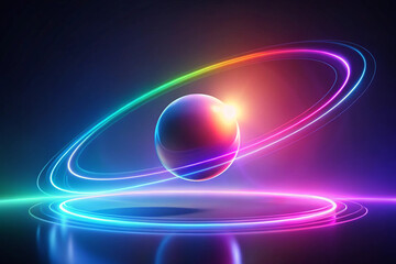 A minimal glowing arc trailing around a single floating sphere, shifting colors smoothly as if tracing an invisible orbit