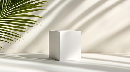 Minimalist White Cube Display Surrounded by Green Palm Leaf and Soft Light Shadows