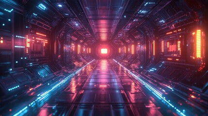 Futuristic Neon Lit Sci Fi Spaceship Corridor Glowing Pink and Blue Lights Cyberpunk Interior
