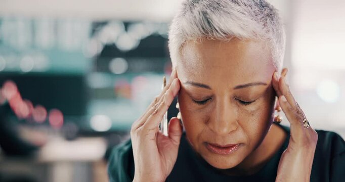 Stock market, woman and stress with data for bad investment, bankruptcy or debt. Mature, headache and frustrated female person with anxiety for financial crisis, exchange risk or volatility at office