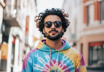 Fototapeta premium Young man wearing sunglasses and a colorful tie-dye hoodie in the city