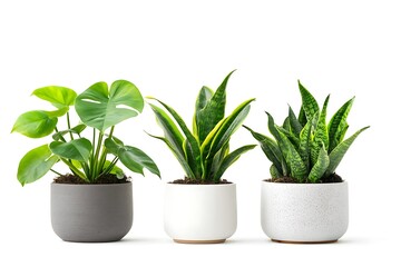 Obraz premium Three Potted Houseplants Monstera, Snake Plant, and Sansevieria in Modern Pots
