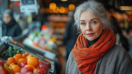 A cashier with curly brown hair smiles while ringing up items at the register in a grocery store.