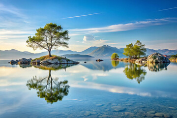 A serene landscape with a flat, reflective water surface that mirrors the minimal elements