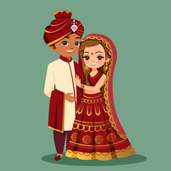 Indian Bride and Groom in Traditional Attire – Saree and Kurta | Wedding Invitation Illustration
