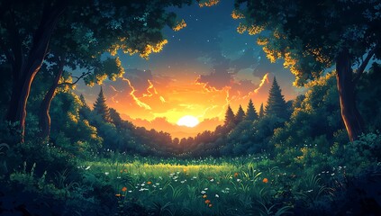 Magical Sunset in a Lush Forest Breathtaking Nature Illustration