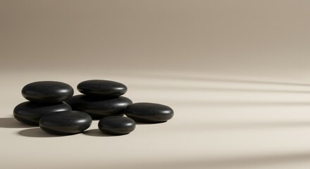 Smooth Black Stones on Beige Background - Collection of smooth black stones arranged on a beige background. Perfect for spa, wellness, or relaxation themes