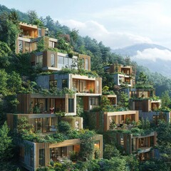 Fototapeta premium A high-rise green building with wind turbines integrated into its smart construction.