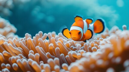 Orange and white clownfish nestled among beige sea anemone tentacles underwater. Vibrant colors and soft lighting.