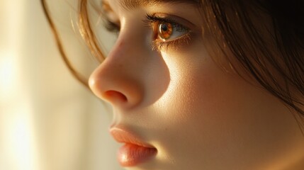 Close-up profile of a young woman's face, bathed in golden sunlight