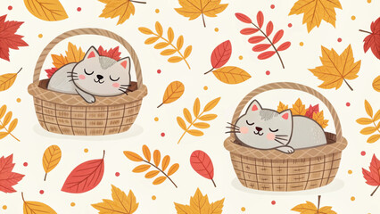 Cozy seamless pattern of cats napping in baskets surrounded by autumn leaves. This charming design evokes warmth and comfort, perfect for fall themed decor