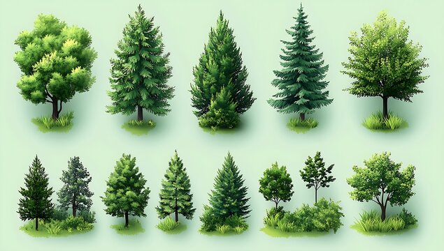 Realistic Green Tree Collection Isometric Deciduous & Coniferous Trees for Game Design