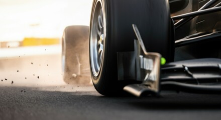 Obraz premium Close-up of race car's tire on track with debris flying