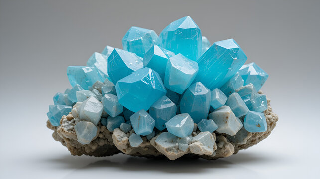 Sky Blue Celestine Crystal Stone macro mineral gemstone. Natural Azure rough Celestite crystals cluster isolated on white background