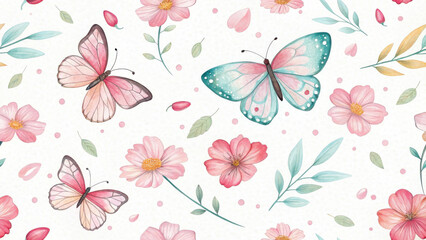 Hand painted seamless pattern of watercolor butterflies and flowers, featuring delicate pink and blue hues, creating whimsical and cheerful atmosphere