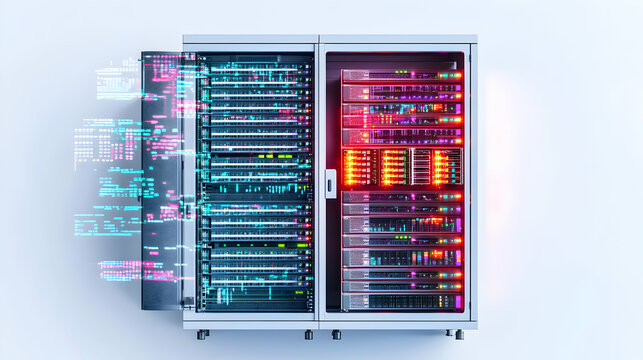 Modern Server Rack With Glowing Lights And Digital Data Stream In Futuristic Data Center With White Background Highlighting Information Technology