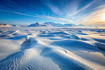 A vast, snowy landscape with soft, undisturbed snowdrifts and a few minimalistic ice formations