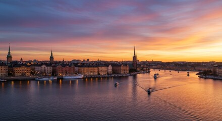 Fototapeta premium Stockholm Sunset Cityscape - Stunning sunset view over Stockholm, Sweden, showcasing its colorful buildings and calm waters. Boats sail peacefully on the river