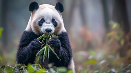 Obraz premium Close up view of a giant panda eating bamboo stalks in a misty forest setting. The panda's fur appears slightly damp, and the overall mood is serene and peaceful.