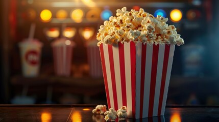 A cinematic close-up of a box of popcorn overflowing with freshly pressed golden kernels, placed on a classic movie theater stand.