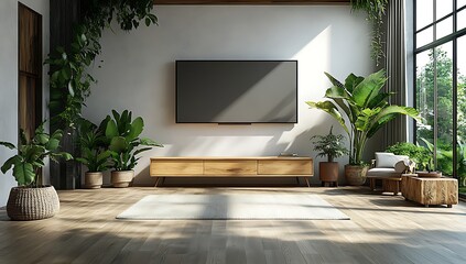 Fototapeta premium Modern Living Room Interior Design with TV, Plants, and Wooden Furniture