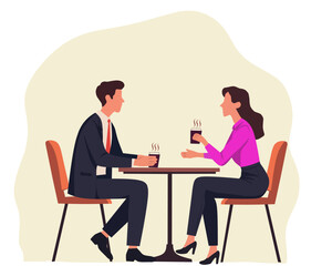 illustration of a businessman and businesswoman having a coffee break at a café. Concept of networking, business meeting, teamwork, relaxation, and professional discussion