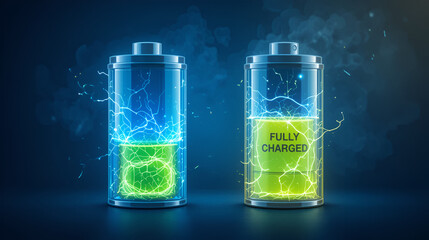 Electrical energy source concept.Discharged and fully charged battery on dark blue background.Energy Efficiency, Vector illustration.
