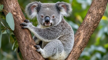 Naklejka premium Close up of a koala perched on a eucalyptus tree branch. The koala has gray fur, large ears, and a serious expression. The background is blurred but shows more eucalyptus leaves.