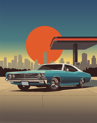 Car gas station in retro style. Classic car with gas station. EPS 10 version.