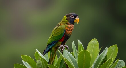 Fototapeta premium Sunlit Parrot Perched on Lush Green Leaves - A vibrant parrot rests on vibrant green foliage, basking in sunlight. The symbolizes nature, tranquility, freedom, beauty, and wildlife