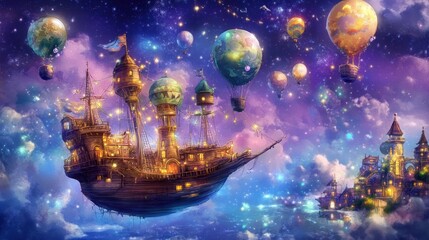 Fototapeta premium Fantasy cityscape floating in dreamy skies adorned with hot air balloons and sparkling celestial lights showcasing magical whimsical scenery