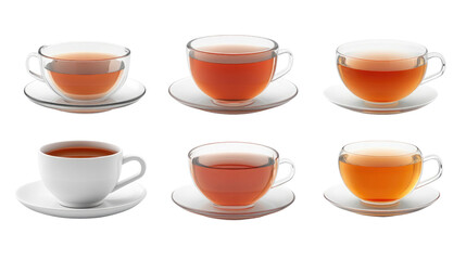 A collection of six tea cups filled with assorted teas is arranged on a white background. Each cup varies in design, size, and color, highlighting the beauty of tea presentation