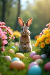 Cute brown rabbit with long ears sitting among colorful Easter eggs in a lush, floral setting. Easter, spring, holiday themes