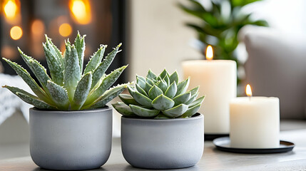 Cozy succulents and candles near fireplace. Home decor, relaxation, winter ambiance