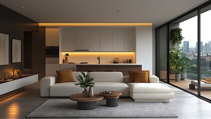 Fototapeta premium Modern Minimalist Apartment Living Room Design with City View Balcony