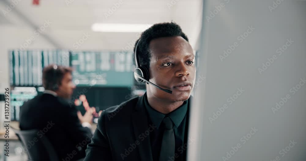 Aufkleber computer, headset and stock market trading with black man in office for advice, assistance or consul