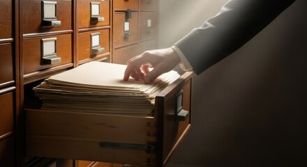 Hand reaches into filing cabinet drawer holding documents in dimly lit room